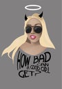 Young woman in sunglasses and slogan How bad can a good girl get? T shirt design.